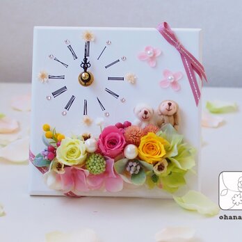 《ギフトに◎母の日・結婚祝い・誕生日》プリザーブドフラワーの時計スタンドohanadokei-miniの画像