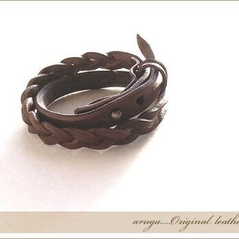レザー編み込み2重巻きブレスレット.（ビターチョコ）