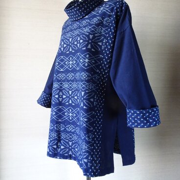 手織り久留米絣：ボーダー柄のチュニック・プラウス（W-24）