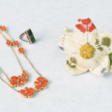 小さな巾着袋／みこ花「絣」(花軸色：黄色)mi-5b／リメイク着物