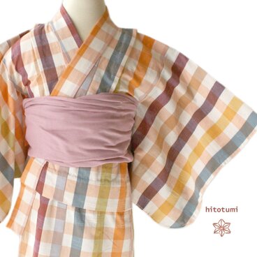 伊勢木綿こども着物＊90-110cm＊オレンジ×マルチカラーチェック