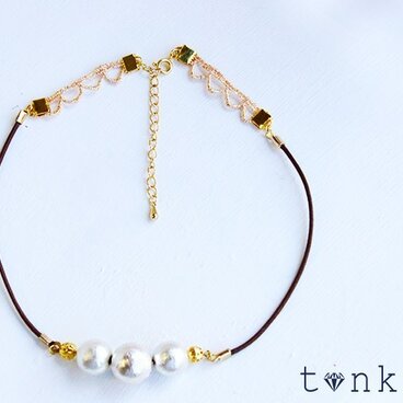 革紐&コットンパールのチョーカー【バックスタイルも可愛い】