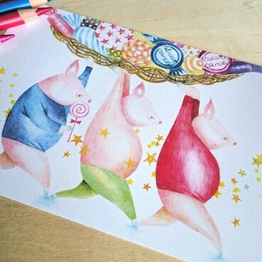 ３びきの子ブタのtea partyポストカード