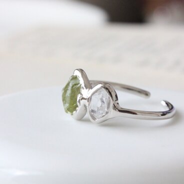 silver-ペリドットとダイヤモンドクォーツの原石リング