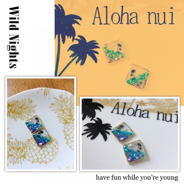 ヤシの木 グラデーション海 ピアス