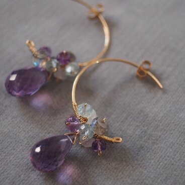 14kgf 雫アメジストフープピアス k14gf宝石質ハンドメイド誕生石パワーストーン