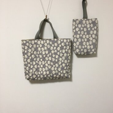 【幼稚園のご準備品2点セット】鳥柄キルティンググレーのレッスンバッグ＆シューズバッグ