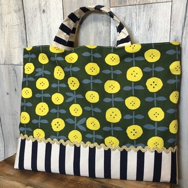 【通園通学】花柄×ストライプレッスンバッグ（カーキ）