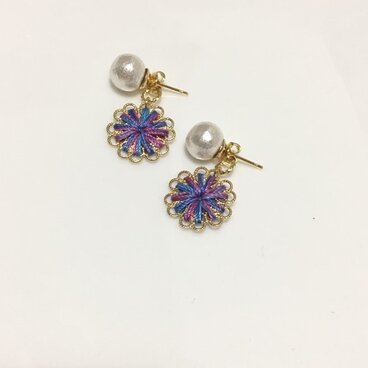 gradation flower×一粒コットンパール　2wayピアス
