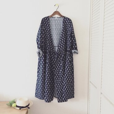 cotton robe onpiece＊Ladies＊navy flower