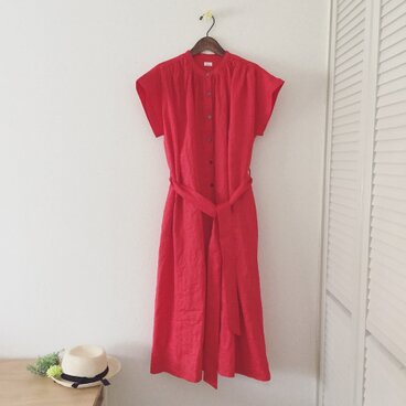 linen gathered onepiece ＊Ladies＊red