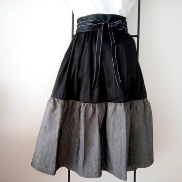 ★正絹つむぎ×ブラックシャンタン★黒トップスを魅せるバイカラースカート★