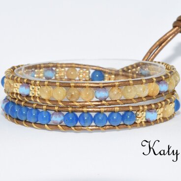 ルチルクオーツとブルーアゲートのラップブレスレット 733