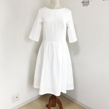 【白：リネン100％】涼感ウエスト切り替えタックワンピース♥