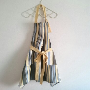 前リボンのエプロン＊綿麻ストライプ2