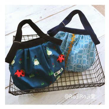 ミニ・グラニーバック/紺色　テントウムシとカエル柄