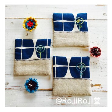 おもてなしカフェコースター/紺リネン3枚ＳＥＴ/北欧柄＆刺繍入り