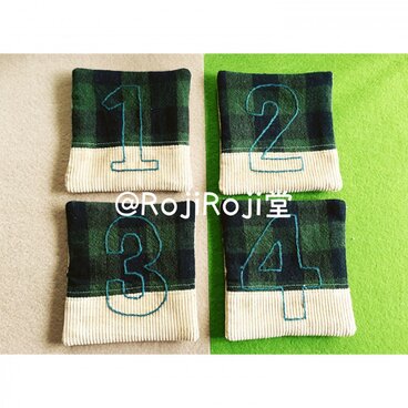 おもてなしカフェコースター/グリーン　4枚ＳＥＴ/ナンバー1～4刺繍入り