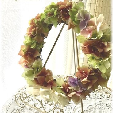 NO148　アーティフィシャルフラワー　あじさいリース（グリーン×ブラウン）　玄関リース　結婚祝い　受付　誕生日　送料無料