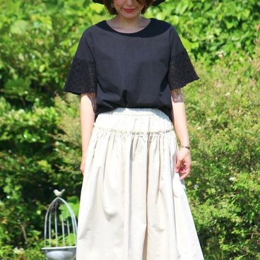 リネン　袖レース　半袖カットソー　黒　affetto