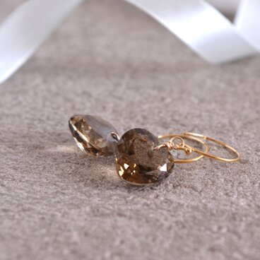 14KGF大粒ハートスモーキークォーツのシンプルフックピアス・大人可愛い茶色い天然石スモーキークオーツのひと粒ピアス・セール