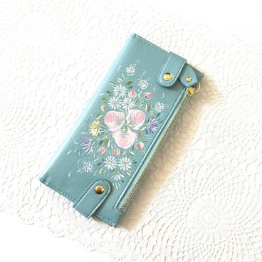 花ペイント カードケース（ブルー）_バラとマーガレット【受注制作】