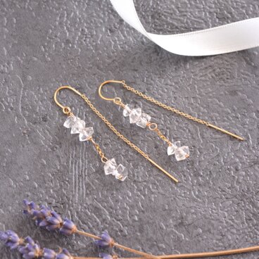 14KGFハーキマーダイヤモンドアメリカンピアス・アメリカンチェーン・天然石チェーンピアス・ハーキマー水晶・セール