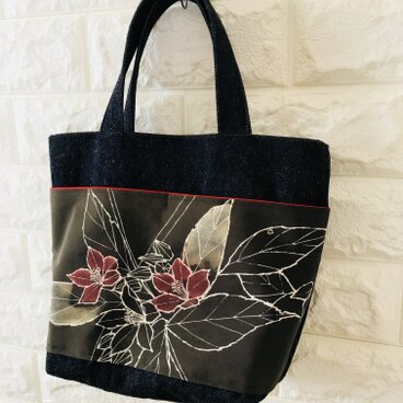 着物×デニムバッグ　花プリント柄