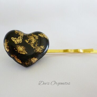ハート　エレガントヘアピン　ブラック＆ゴールド（蝶）