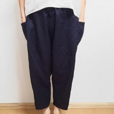 受注製作☆ゆったり楽ちんリネンギャザーパンツ☆濃紺