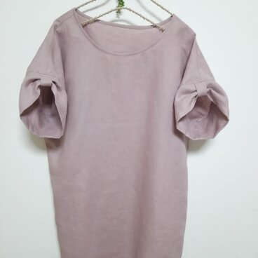 アンティークモーブ色リネン　袖リボンチュニック