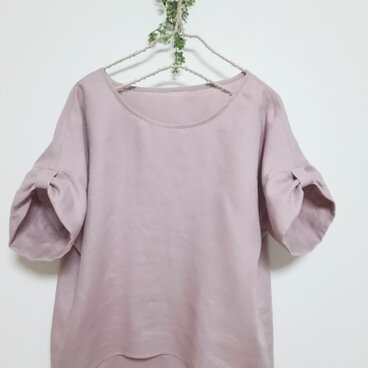 アンティークモーブ色リネン　袖リボンブラウス