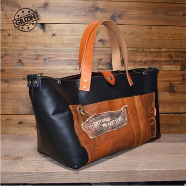 【1点もの】ブラックレザー横長BIGトートショルダーベルト＆ヒッコリーデニムのインナー付き