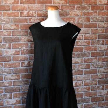 リネン１００％　ローウエストフレンチスリーブワンピース