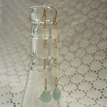 ニュージェイドとアマゾナイトのピアス（ロング）　14kgf