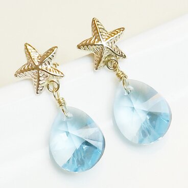 送料無料 14kgf Swarovski starfish earrings (Blue) 　スワロフスキー 涙 しずく ピアス