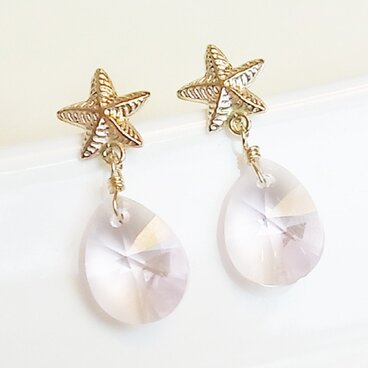 送料無料 14kgf Swarovski starfish earrings (Pink）スワロフスキー 涙 しずく ピアス