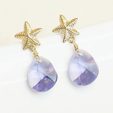 送料無料 14kgf Swarovski starfish earrings (Purple）スワロフスキー 涙 しずく ピアス