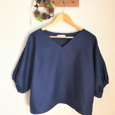 カラーリネン　キモノスリーブふんわりパフ　ブラウス