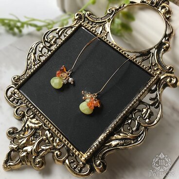 【Mhe-035】ジェイド・淡水パール・アンバー・カーネリアン・レモンクォーツのロングフックピアス