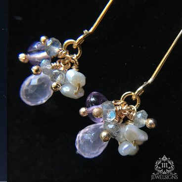 【Mhe-029】ローズクォーツ・アメジスト・淡水パール・ラブラドライトのロングフックピアス