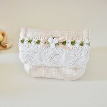 ツイードポーチ　レースとお花　ピンク［P-027］