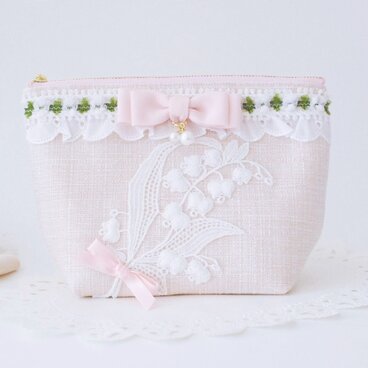 ポーチ　ツイード　スズランとピンクのリボン　Lサイズ［P-044］