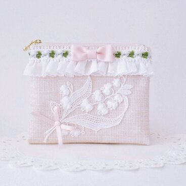 フラットポーチ　ツイード　スズランとピンクのリボン　［P-046］