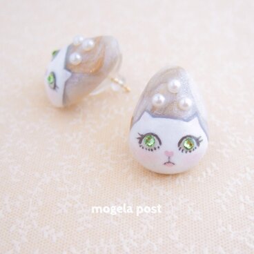 【再販】14kgf♡lady white catの耳飾り♡peridot color