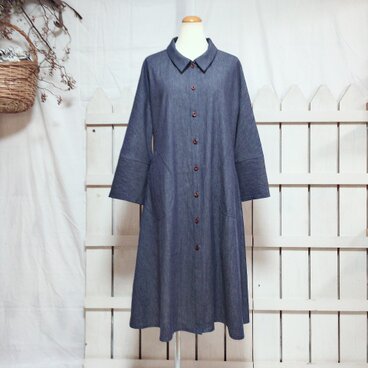 着物スリーブワンピース / ブルー（播州コットン使用）