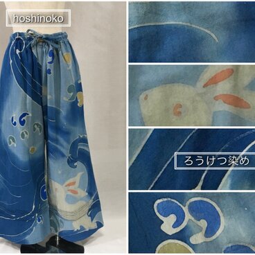 兎と波　藍☆ろうけつ染め☆綿うさぎ☆手書き☆パンツ☆コットン☆Mi003-C11P☆hoshinoko☆星のこ工房