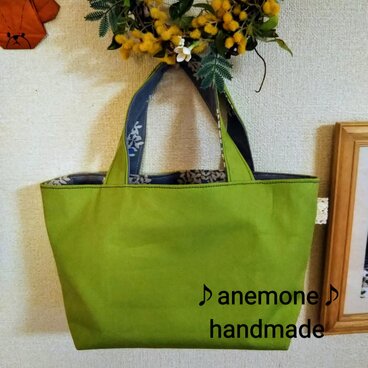 ♪帆布ミニトート♪ ピスタチオグリーン&フラワー