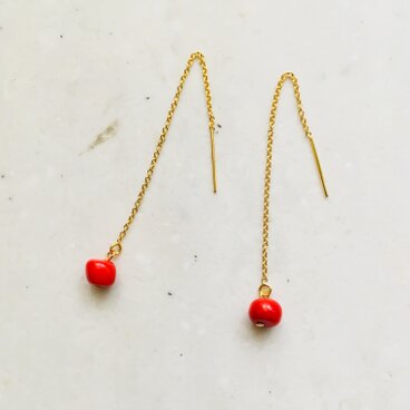 サンゴ一粒チェーンピアス 14kgf