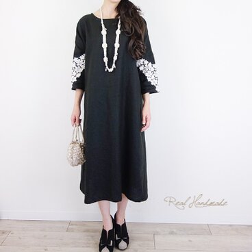 [予約販売]ヨーロッパブラックリネン袖レースドロップワンピース